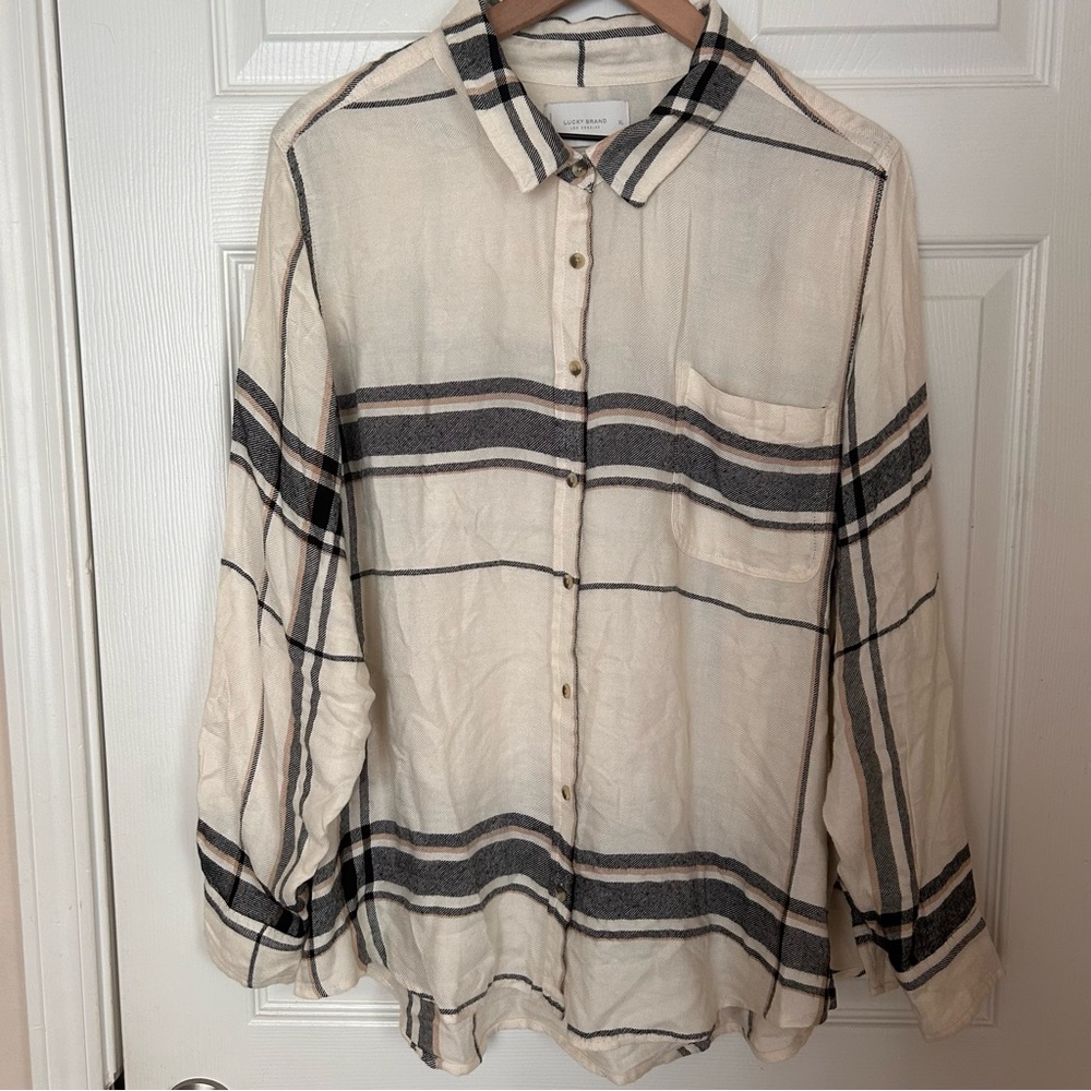 Lucky Brand Plaid Cream and Black Flannel Shirt Size XL